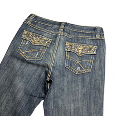 TWC Vintage Damen Y2K Bootcut Jeans in Dunkelblau mit verzierten Gesäßtaschen und Strasssteinen