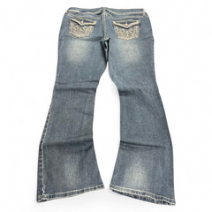 TWC Vintage Damen Y2K Bootcut Jeans in Blau mit bestickten Gesäßtaschen und verwaschenem Denim-Look