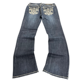 TWC Vintage Y2K Bootcut Jeans in Dunkelblau mit verzierten Gesäßtaschen und auffälligen Stickereien
