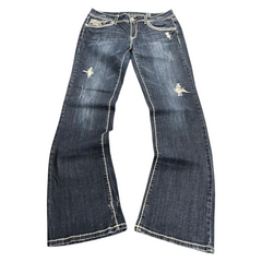 TWC Vintage Damen Y2K Bootcut Jeans in Dunkelblau mit Used-Optik, hellen Kontrastnähten und Distressed-Details