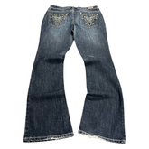 TWC Vintage Damen Y2K Bootcut Jeans in Dunkelblau mit verzierten Gesäßtaschen und ausgefranstem Saum