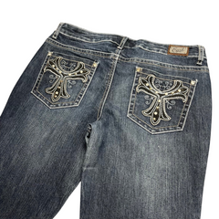 TWC Vintage Damen Y2K Bootcut Jeans in Dunkelblau mit aufwendigen Stickereien und Strasssteinen auf den Gesäßtaschen