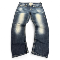 TWC Vintage Damen Y2K Jeans mit geradem Schnitt in verwaschenem Blau und Used-Look Details
