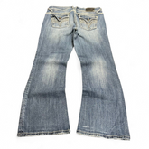 TWC Vintage Damen Y2K Bootcut Jeans in Blau mit verzierten Gesäßtaschen und verwaschener Optik