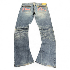 TWC Vintage Evisu Damen Jeans in Blau mit geradem Schnitt, rosa Logo-Print und Reißverschlusstaschen hinten