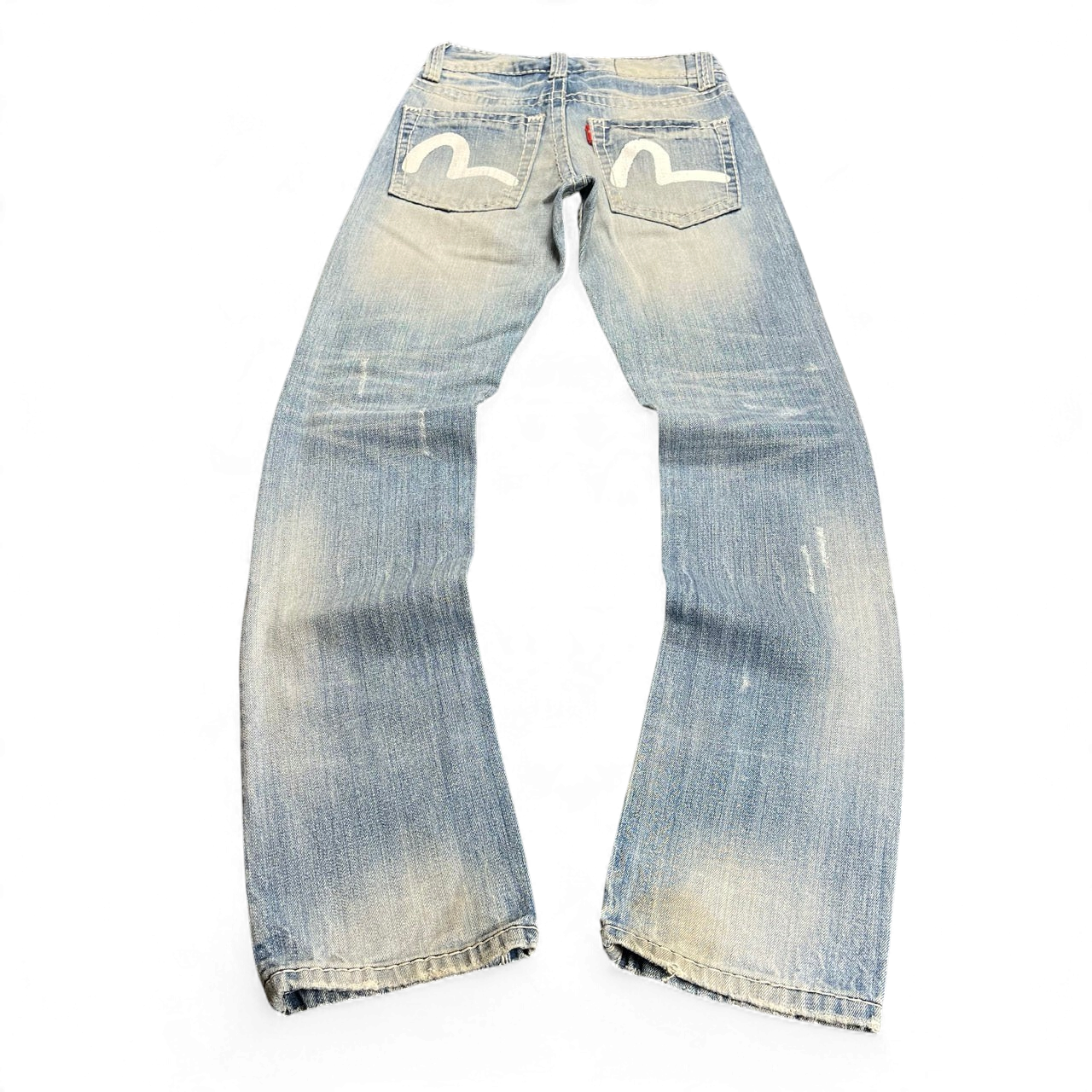 TWC Vintage Evisu Damen Jeans mit geradem Bein in verwaschenem Blau und ikonischem weißem Möwen-Print auf den Taschen