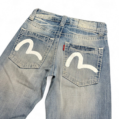 TWC Vintage Damen Evisu Straight Jeans in verwaschenem Blau mit ikonischem weißem Seagull-Print auf den Gesäßtaschen