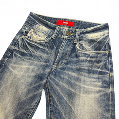 TWC Vintage women's Evisu straight leg jeans in distressed blue denim with a red brand label
