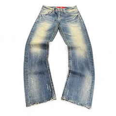 TWC Vintage women's straight leg denim jeans in distressed blue wash with whiskering and contrast stitching