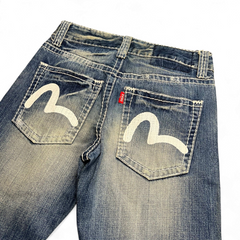 TWC Vintage Evisu straight leg jeans in faded blue denim with iconic white painted seagull back pocket logos