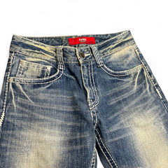 TWC Vintage Evisu straight leg blue denim jeans with distressed wash and contrast stitching