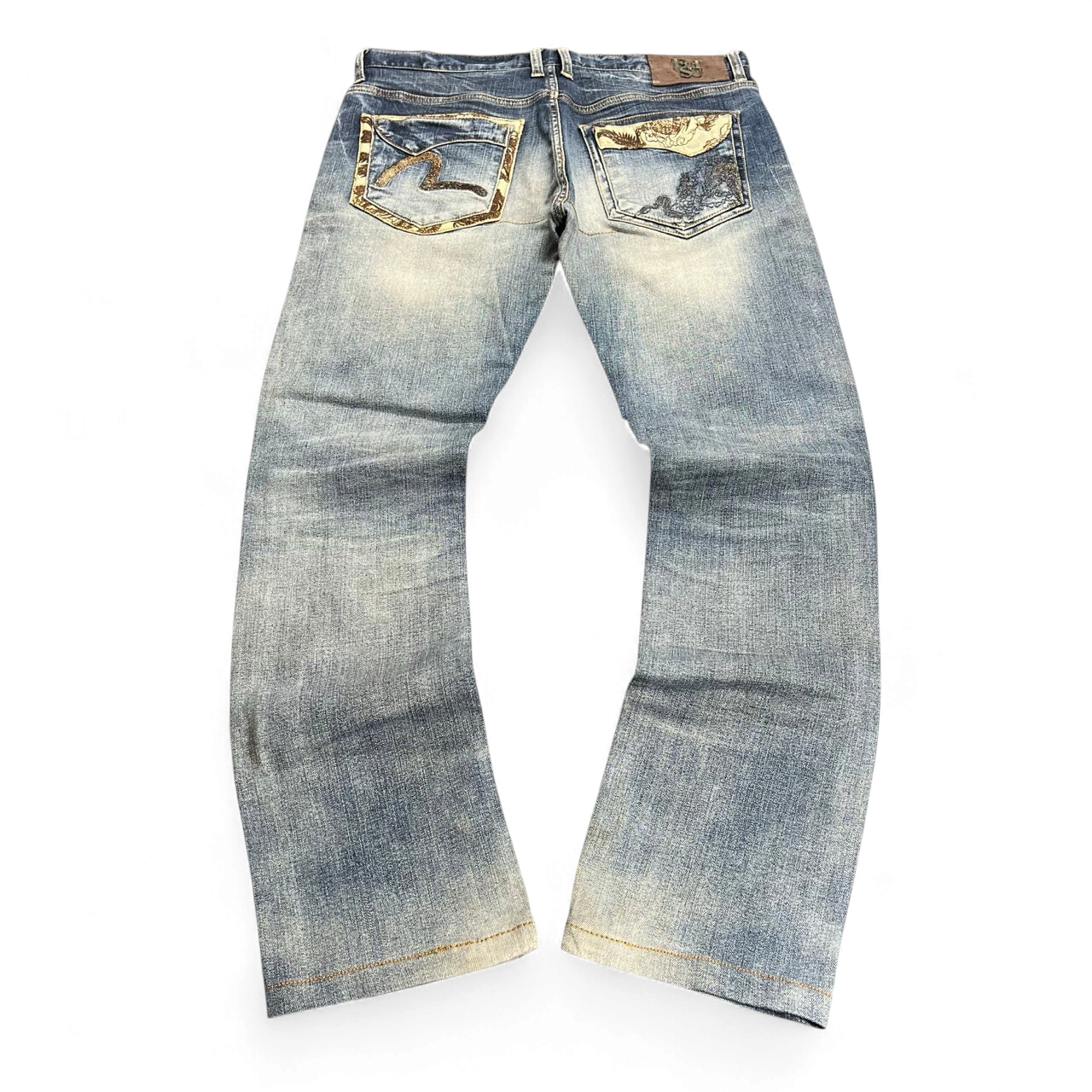 TWC Vintage Evisu straight leg jeans in light blue denim with decorative embroidered back pockets