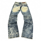 TWC Vintage women's straight leg jeans in distressed blue denim with iconic white painted seagull back pockets