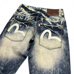 TWC Vintage Evisu straight leg jeans in acid wash blue denim with iconic white painted seagull back pocket logos.