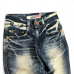 TWC Vintage women's straight leg Evisu Genes denim jeans featuring a distressed dark blue acid wash finish.