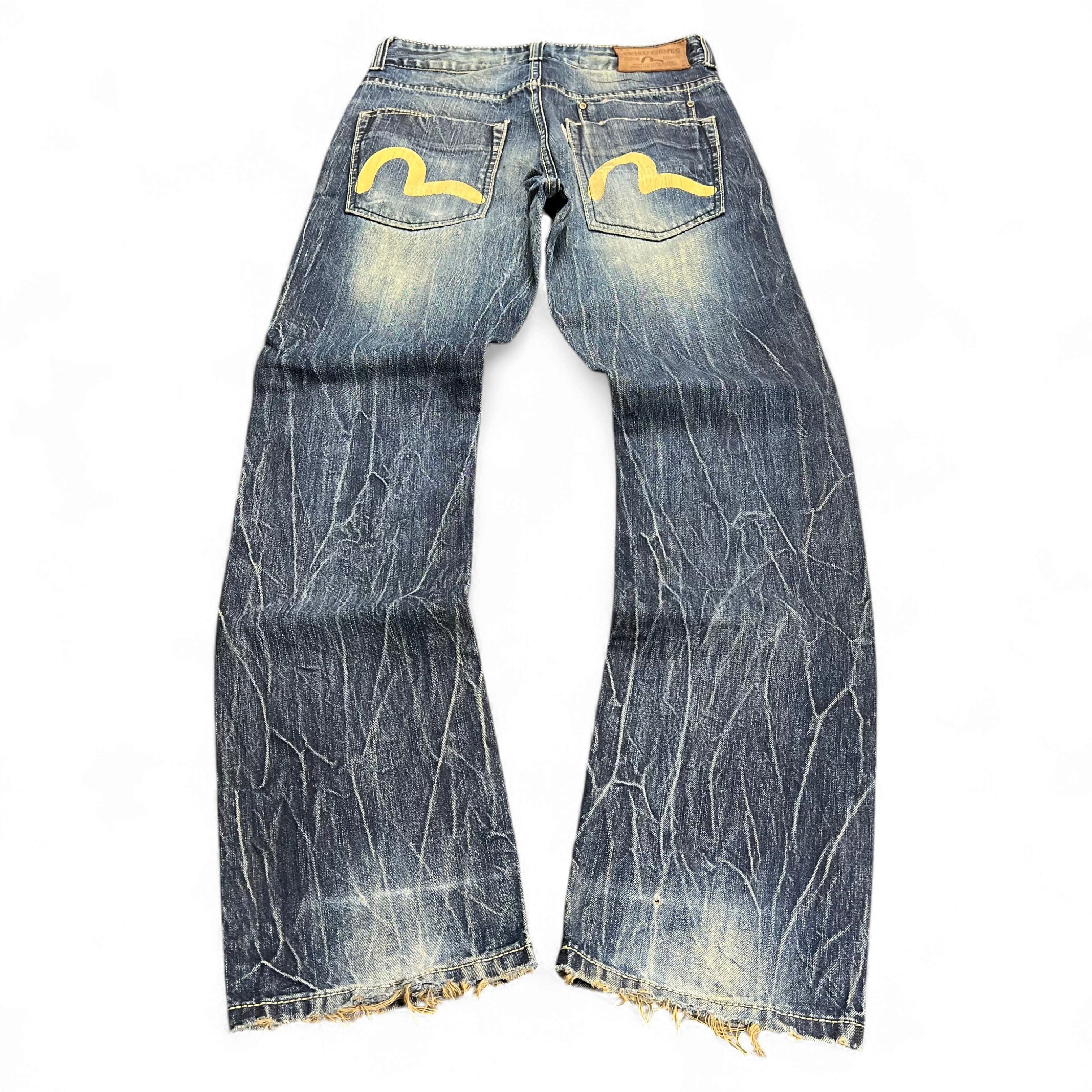TWC Vintage Evisu KC Straight Jeans in verwaschenem Blau mit gelben Seagull-Logos auf den Gesäßtaschen