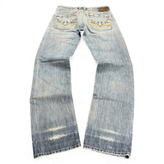 TWC Vintage Diesel Straight Jeans in verwaschenem Blau mit dekorativen Stickereien auf den Gesäßtaschen