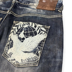 TWC Vintage Evisu KC Baggy Jeans in Dunkelblau mit aufwendiger weißer Adler-Stickerei auf der Gesäßtasche