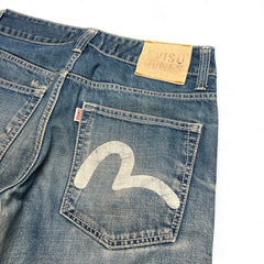 TWC Vintage Evisu KC Straight Jeans aus blauem Denim mit weißem Seagull-Logo auf der Gesäßtasche und Lederpatch