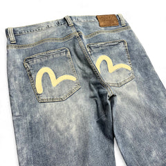 TWC Vintage Evisu KC Straight Jeans in hellblauem Denim mit ikonischem Seagull-Print auf den Gesäßtaschen