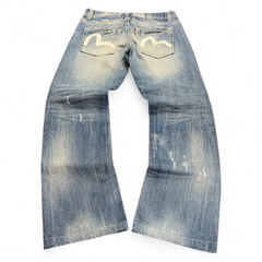 TWC Vintage Evisu KC Straight Jeans in blauem Denim mit ikonischem weißem Möwen-Print auf den Gesäßtaschen