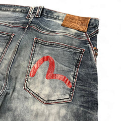 TWC Vintage Evisu KC Straight Jeans in verwaschenem Blau mit rotem Leder-Seagull-Logo auf der Gesäßtasche