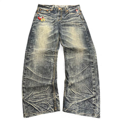 TWC Vintage Big Train Jeans mit japanischer Stickerei, verwaschenem Denim-Look und weitem Schnitt