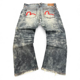 TWC Vintage Evisu KC Straight Jeans in verwaschenem Blau mit ikonischen roten Möwen-Stickereien auf den Gesäßtaschen