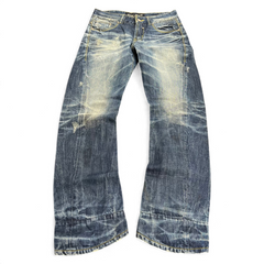 TWC Vintage Evisu KC Straight Jeans in verwaschenem Blau mit Distressed-Details und geradem Schnitt