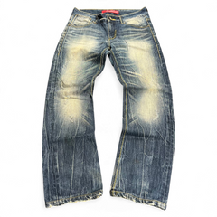 TWC Vintage Evisu KC Straight Jeans in verwaschenem Blau mit Distressed-Details und geradem Schnitt