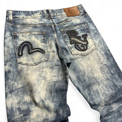 TWC Vintage Evisu KC Straight Jeans in verwaschenem Blau mit markanten Stickereien auf den Gesäßtaschen