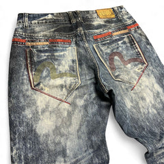 TWC Vintage Evisu KC Straight Jeans mit Acid-Wash-Optik, markanten Gesäßtaschen und rotem Ziernaht-Detail.