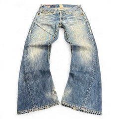 TWC Vintage True Religion Joey Super T Bootcut Jeans in verwaschenem Blau mit markanten Kontrastnähten