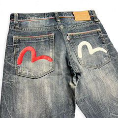 TWC Vintage Evisu KC Straight Jeans in Blau mit ikonischen roten und weißen Seagull-Prints auf den Gesäßtaschen