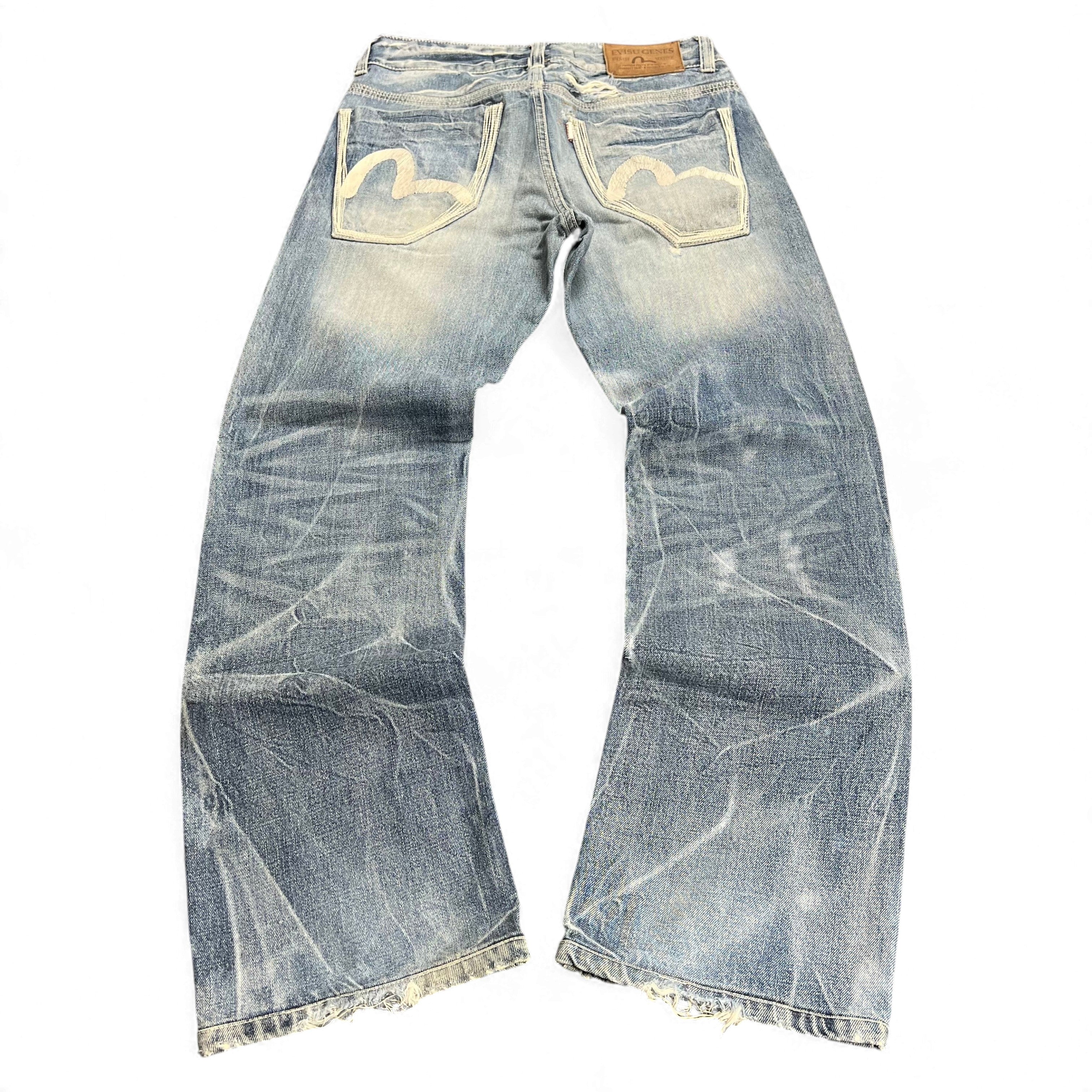 TWC Vintage Evisu KC Straight Jeans in verwaschenem Blau mit ikonischen Seagull-Taschenstickereien und Used-Look