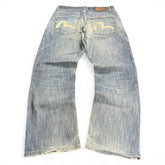 TWC Vintage Evisu KC Straight Jeans in hellblauem Denim mit ikonischem gelbem Seagull-Print auf den Gesäßtaschen
