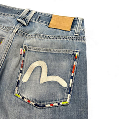 TWC Vintage Evisu KC Straight Jeans in hellblauem Denim mit ikonischem weißem Möwen-Stick und buntem Rand