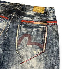 TWC Vintage Evisu KC Straight Jeans mit Acid-Wash-Optik, rotem Zierstreifen und ikonischem Logo auf der Gesäßtasche