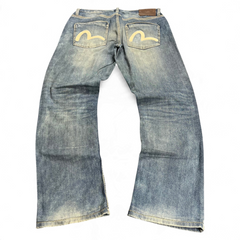 TWC Vintage Evisu KC Straight Jeans in verwaschenem Blau mit ikonischem Seagull-Logo auf den Gesäßtaschen