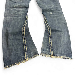 TWC Vintage True Religion Joey Super T Bootcut Jeans in blauem Denim mit markanten hellen Kontrastnähten