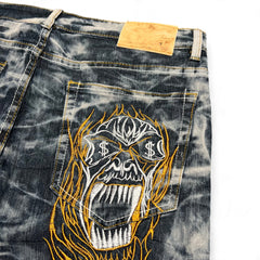 TWC Vintage japanische Denim-Jeans mit verwaschenem Look und auffälliger Totenkopf-Stickerei auf der Gesäßtasche