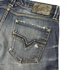 TWC Vintage Diesel Larkee Straight Jeans in blauem Denim mit Distressed-Details und Leder-Label am Bund