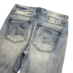 TWC Vintage Evisu Straight Jeans in verwaschenem Blau mit ikonischem Möwen-Stickmuster auf den Gesäßtaschen