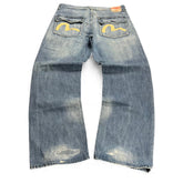 TWC Vintage Evisu Baggy Jeans in verwaschenem Blau mit ikonischen gelben Seagull-Taschenstickereien und Used-Look