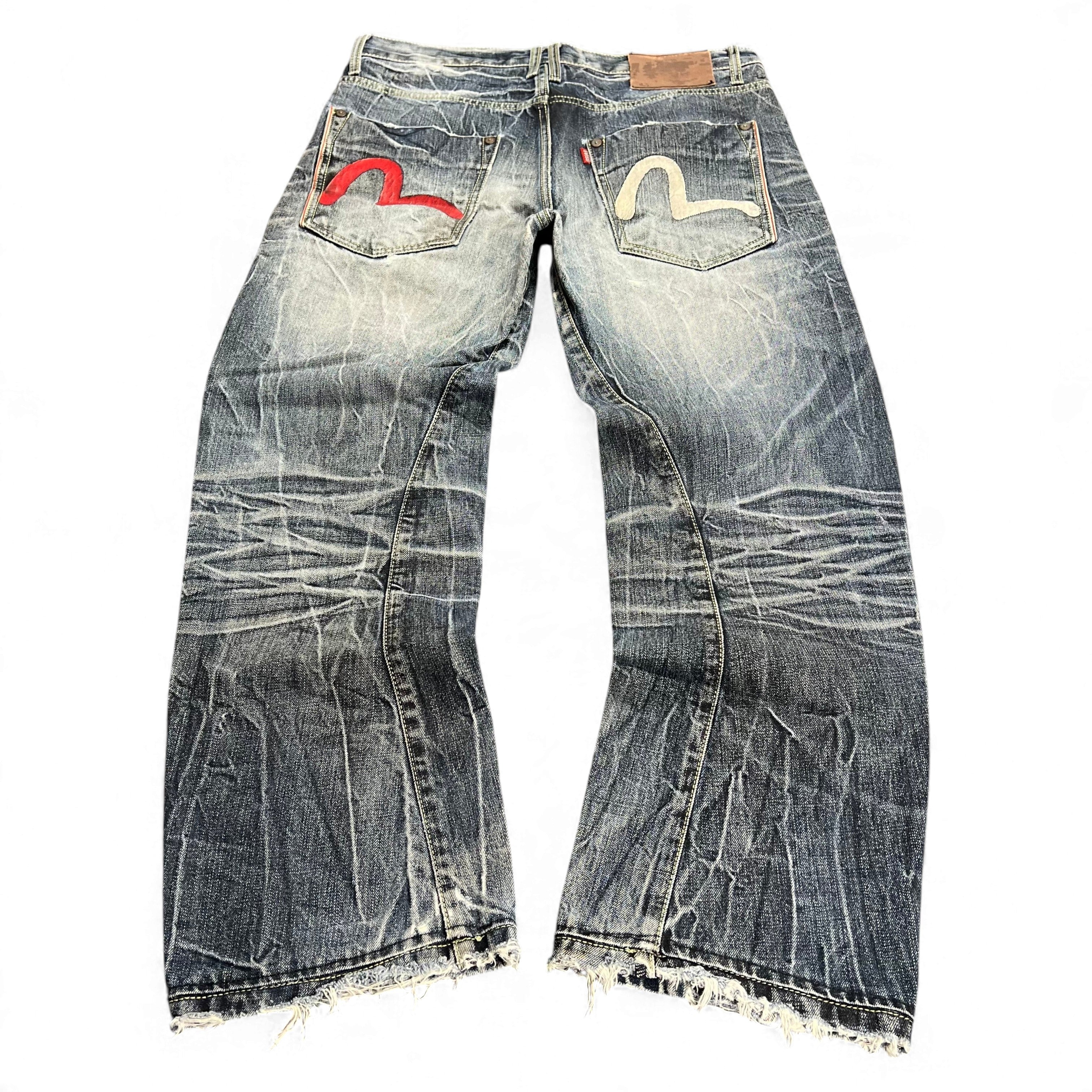 TWC Vintage Evisu KC Baggy Jeans mit verwaschener blauer Waschung, ikonischen roten und weißen Möwen-Stickereien