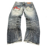 TWC Vintage Evisu KC Baggy Jeans mit verwaschener blauer Waschung, ikonischen roten und weißen Möwen-Stickereien