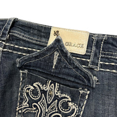 TWC Vintage Damen Y2K Jeans mit aufwendiger Stickerei, Strasssteinen und hellem Lederpatch an der Gesäßtasche
