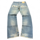 TWC Vintage Evisu KC Straight Jeans in verwaschenem Blau mit ikonischem weißem Möwen-Print auf den Gesäßtaschen