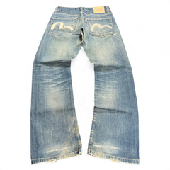 TWC Vintage Evisu KC Straight Jeans in verwaschenem Blau mit ikonischem weißem Möwen-Print auf den Gesäßtaschen