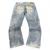 TWC Vintage Evisu KC Straight Jeans in verwaschenem Blau mit ikonischem gelbem Seagull-Logo auf den Gesäßtaschen